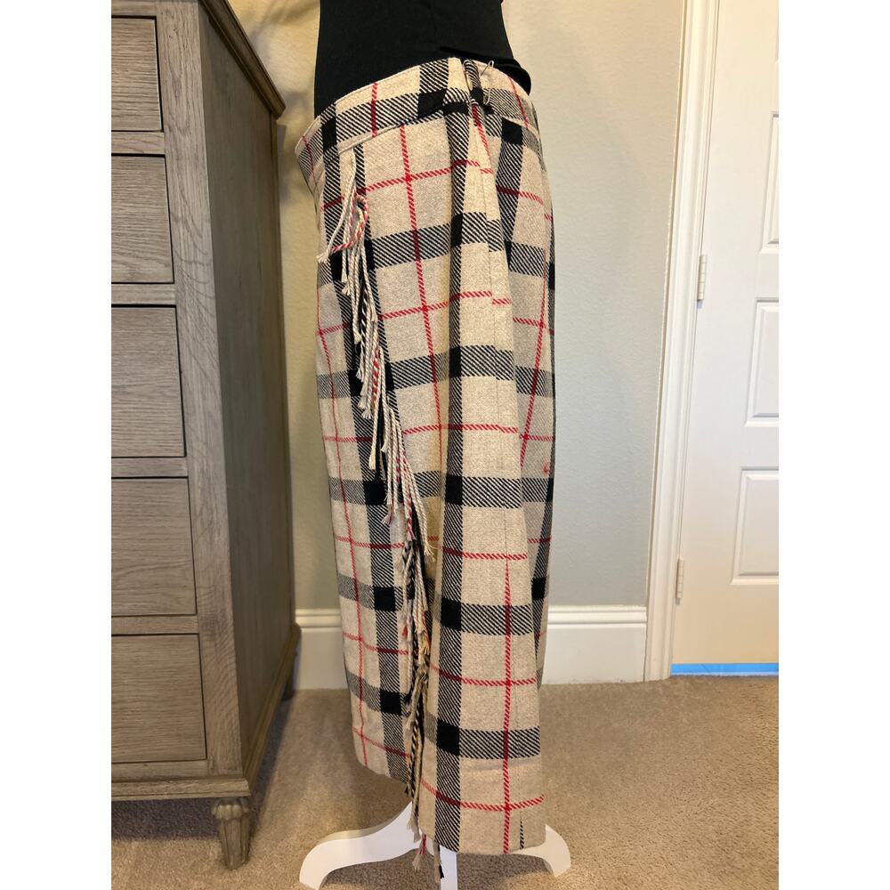 Talbots |  Wool Blend Tan Plaid Faux Wrap Midi Skirt with Fringe | 14 - Picture 5 of 10